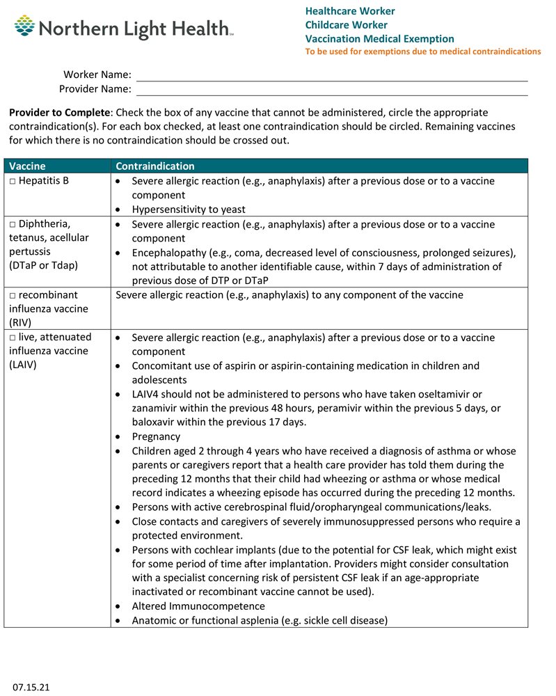 Childcare Healthcare Worker Vaccine Medical Exemption Form